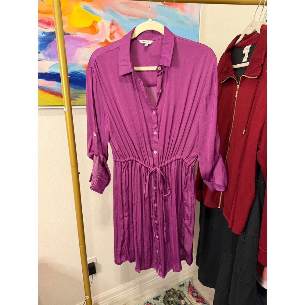 Naked Zebra Magenta Purple Button Down Drawstring Waist Shirt Dress M SD116078